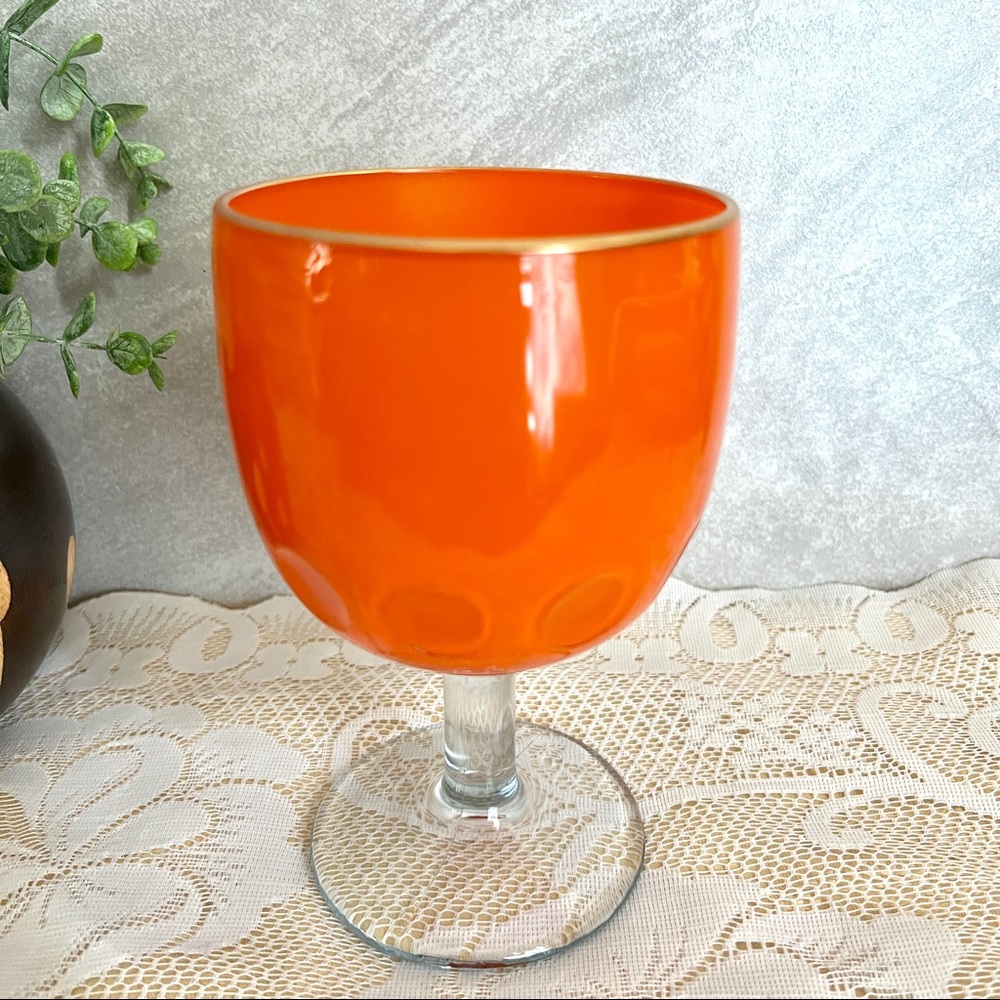 Mid Century 16oz Thumbprint Glass Goblet Vintage MCM Orange Wine Glassware